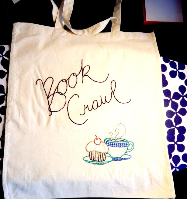 book crawl embroidered bag